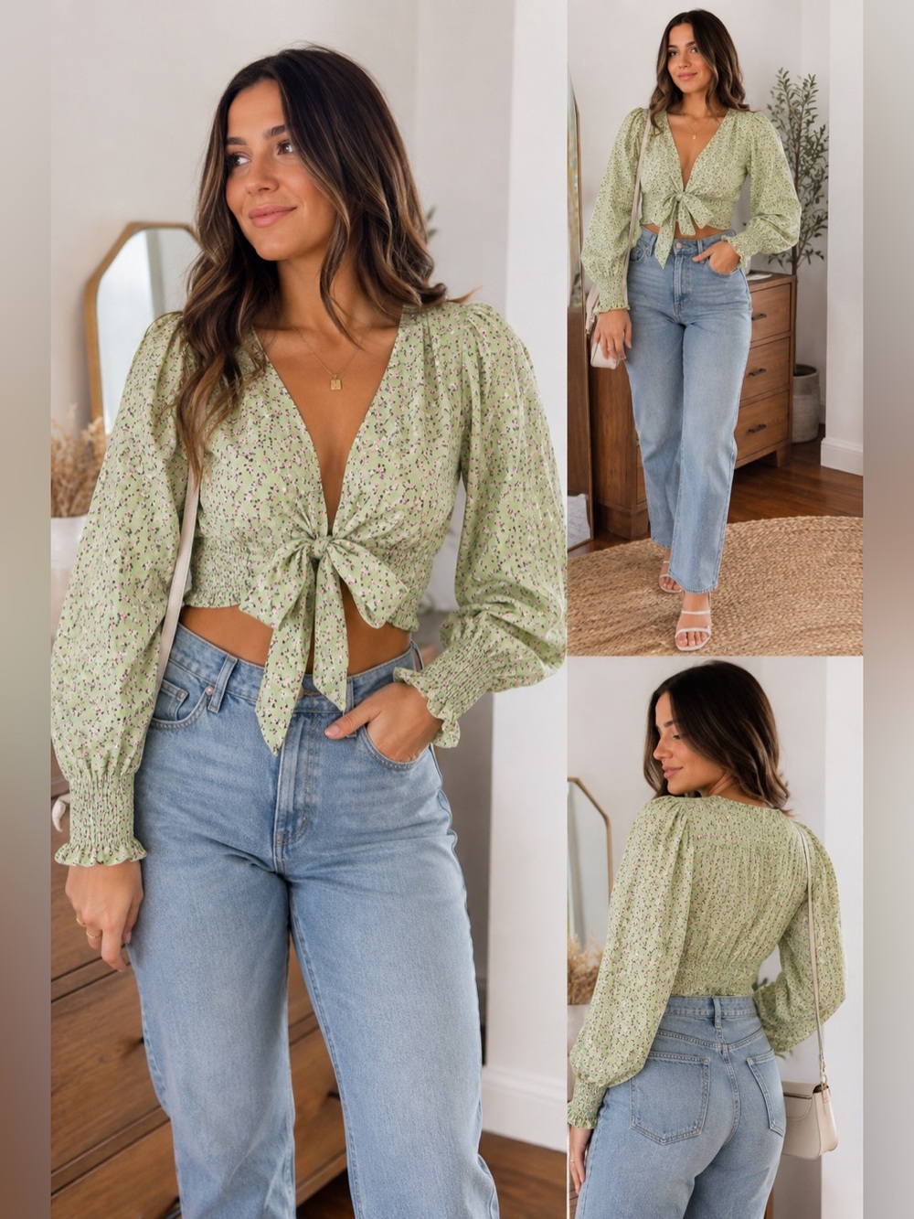 More to Come Floral Tie Front Crop Top Sage Green Pink Rose Puff Sleeve NWT